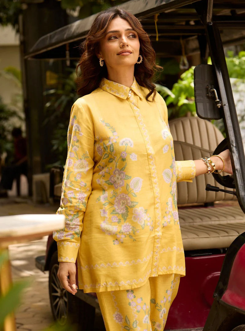 Fleur Printed Linen Yellow Co-ord Set