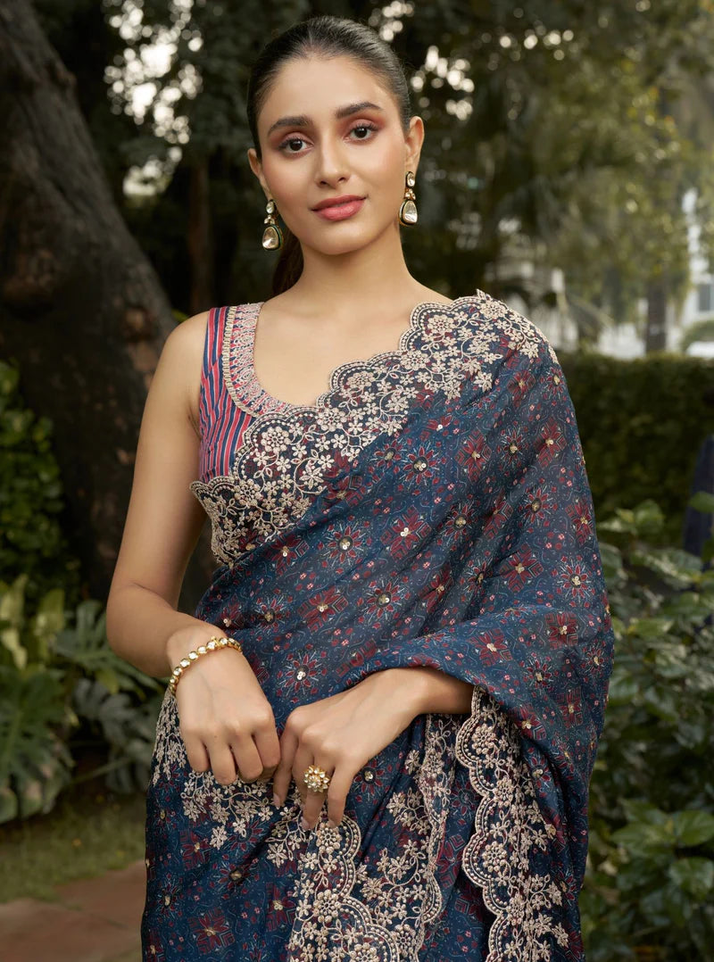 Noorani Viscose Glass Organza Navy Ajrakh Print Saree