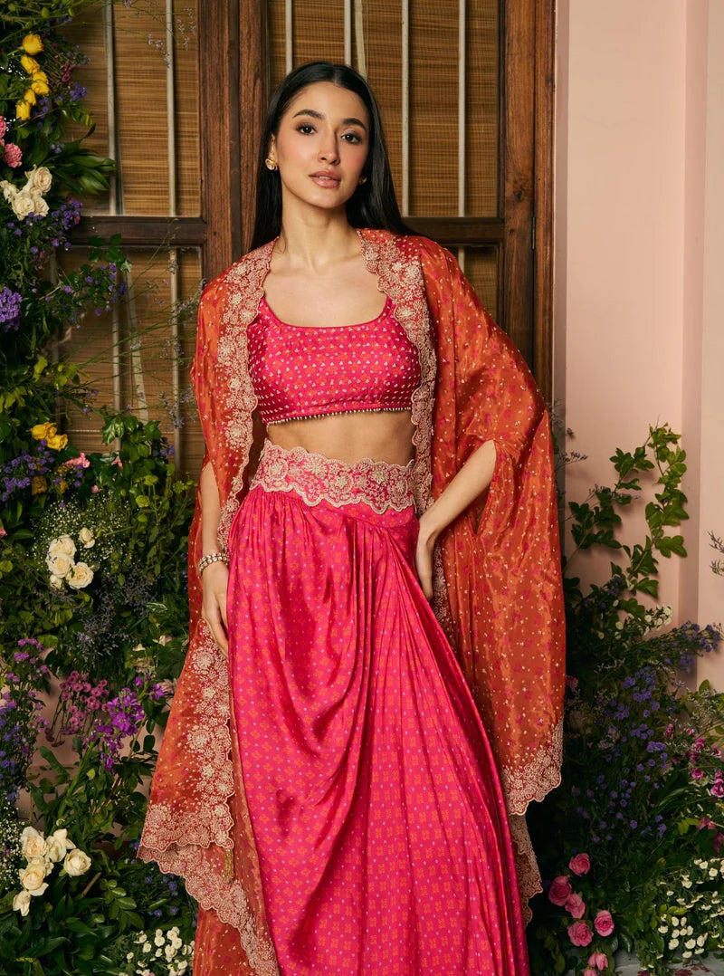 Glass Organza Fuchsia Skirt Set With Cape