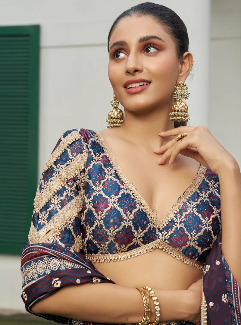 Taal Cupro Satin Navy Ajrakh Print Lehenga