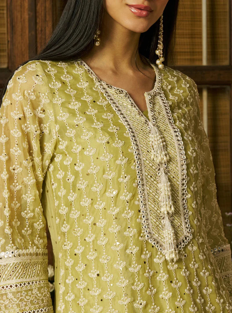 Kilol Organza Lime Kurta & Lehenga Set