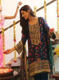 Sahi Cupro Satin Printed Navy Kurta with Navy Salwar Set
