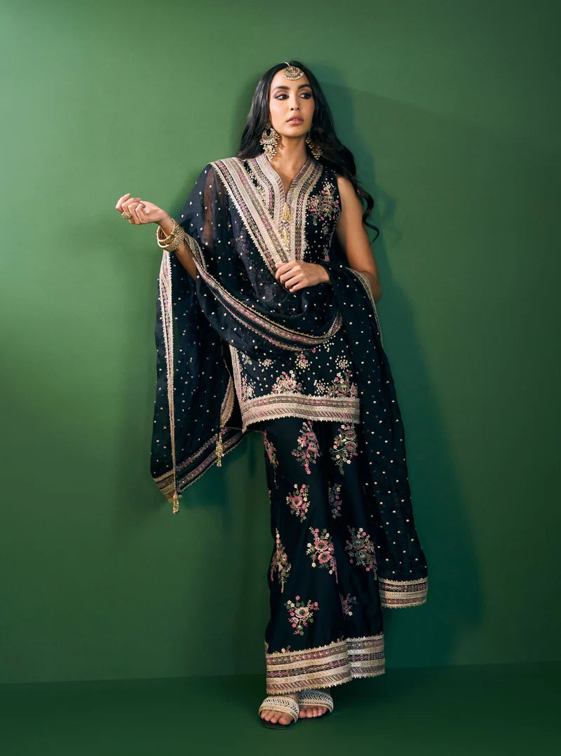 Lami Pima Satin Black Kurta With Flared Bell-Bottom Pants