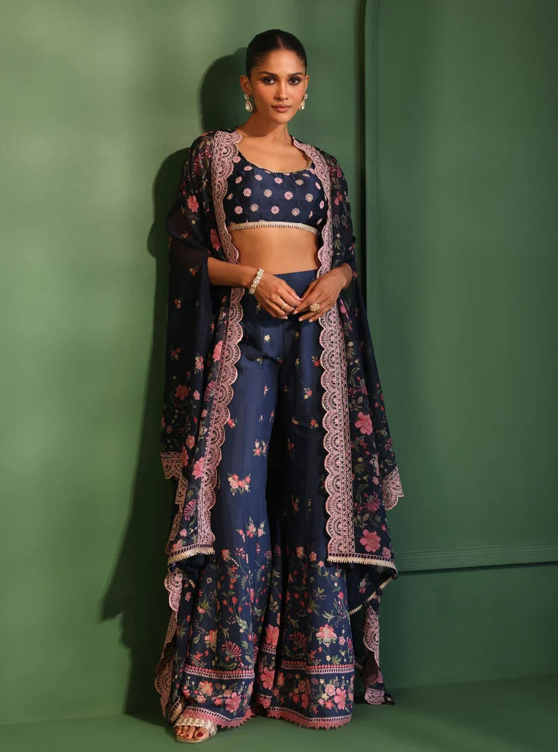 Laila Organza Printed Navy Cape Shrug With Sharara
