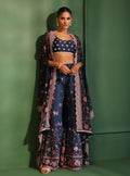 Laila Organza Printed Navy Cape Shrug With Sharara