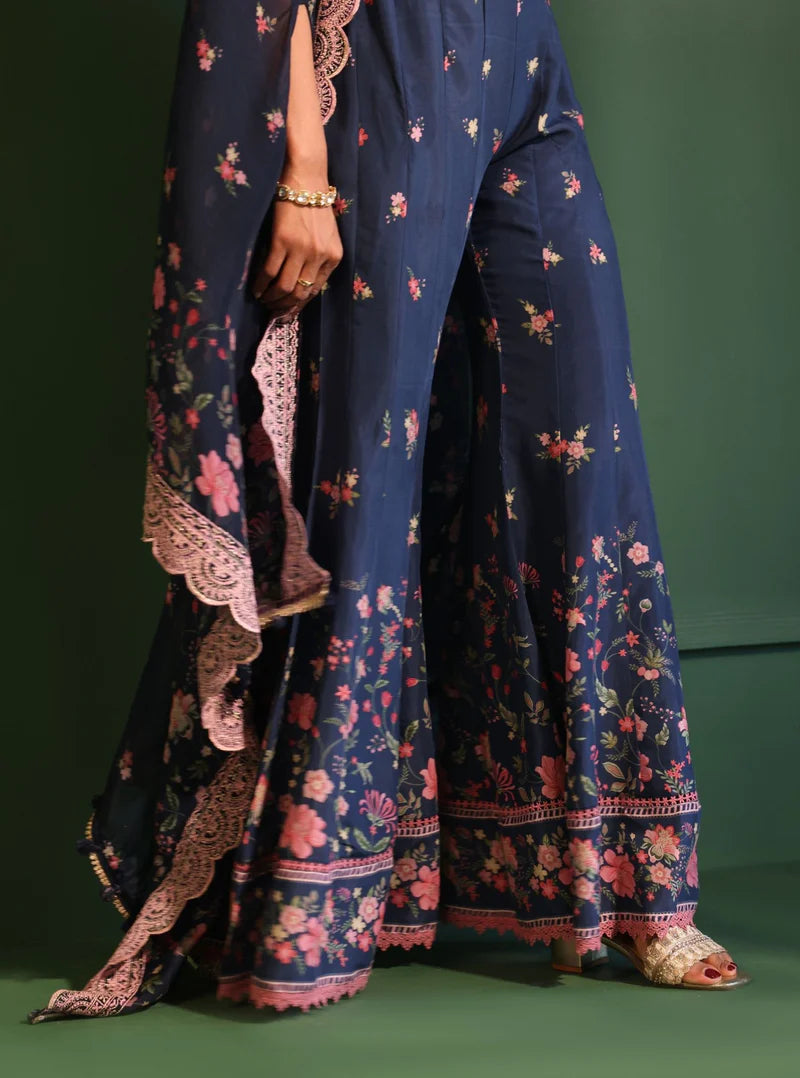 Laila Organza Printed Navy Cape Shrug With Sharara
