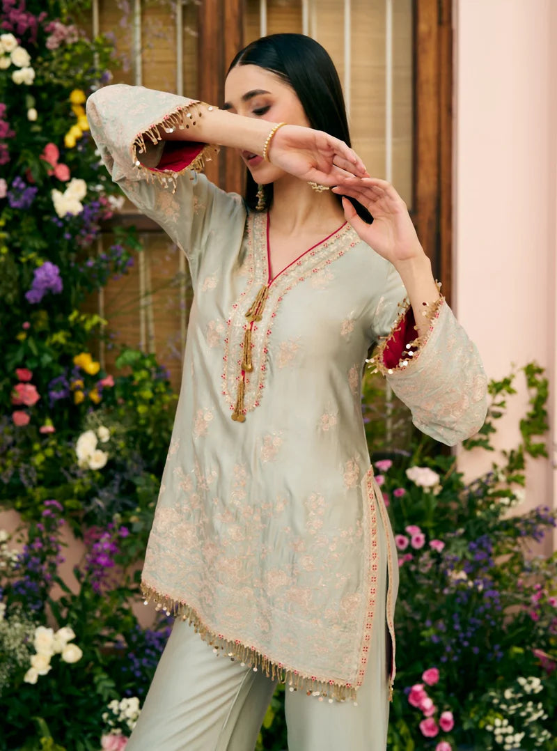 Saaj Cupro Satin Sage Green Kurta Set