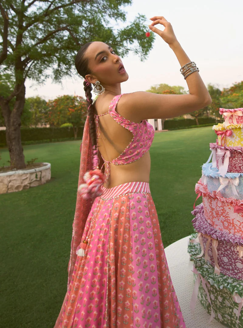 Indira Rani Pink Printed Lawn Lehenga Set