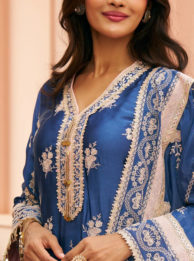 Saaj Cupro Satin Navy Kurta Set