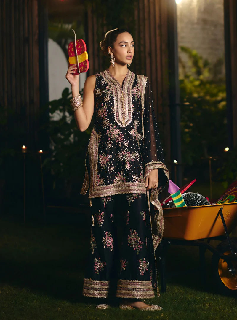 Lami Pima Satin Black Kurta With Flared Bell-Bottom Pants