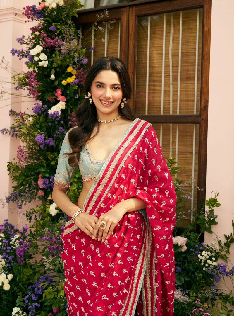 Jogan Glass Organza Rani Pink Saree