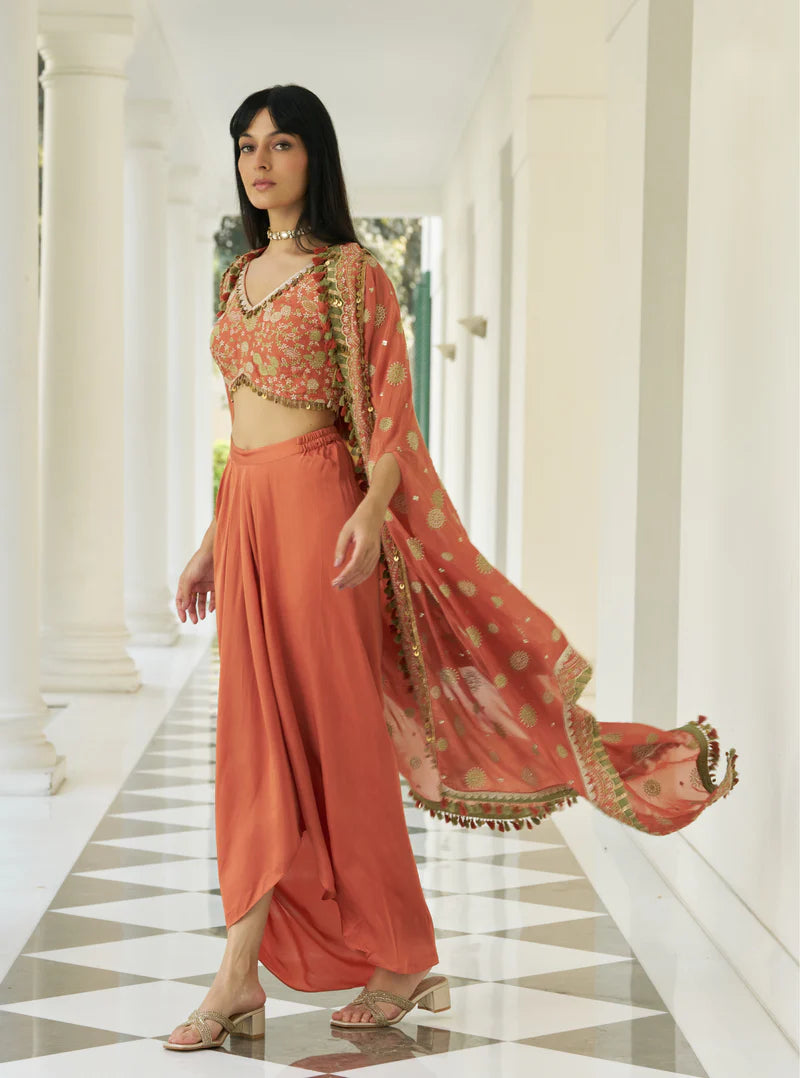 Parinay Glass Organza Orange Cape With Skirt