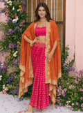 Glass Organza Fuchsia Skirt Set With Cape