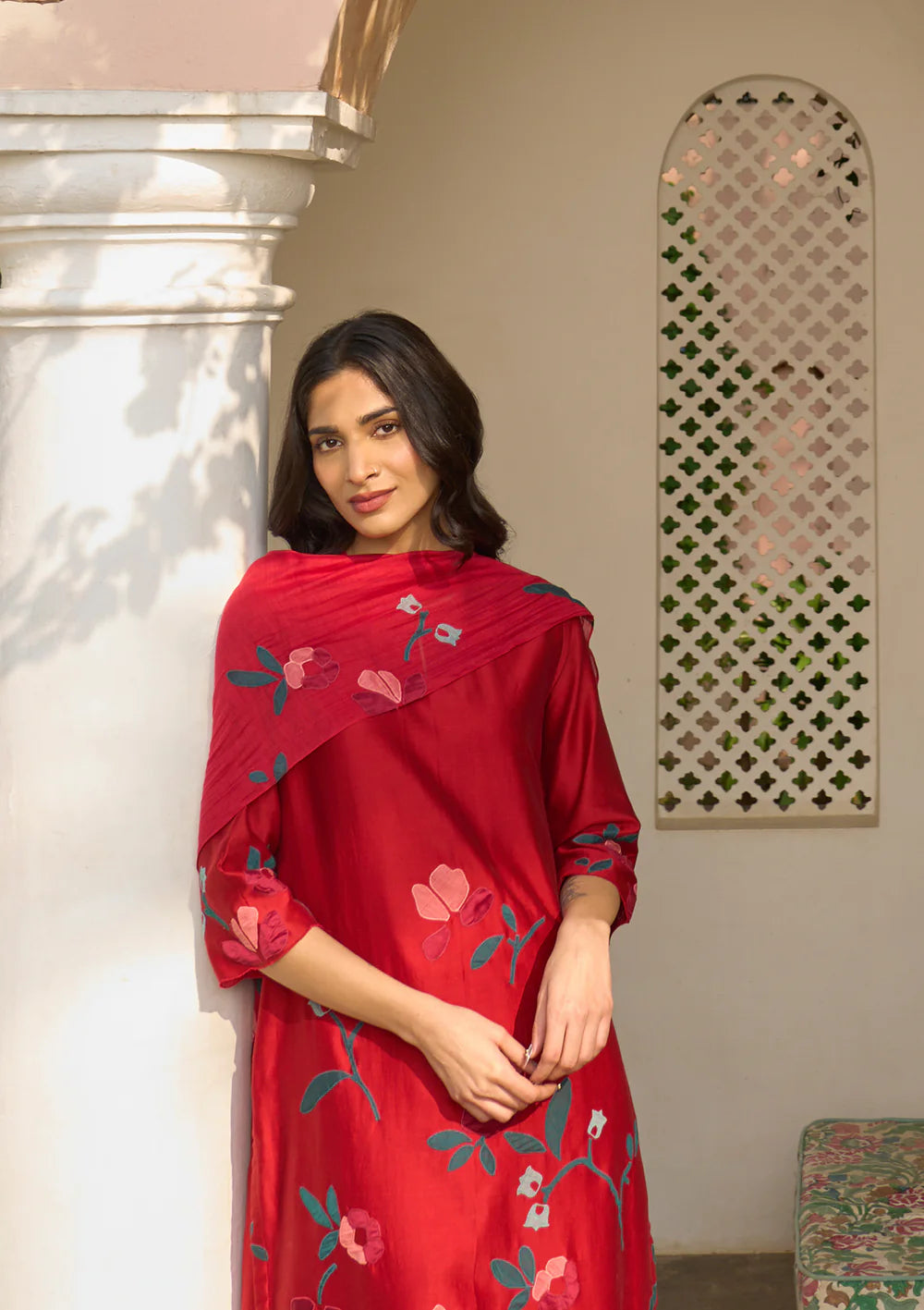 Cherry Red Applique Kurta Set
